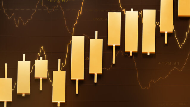 Golden candlestick bar floating with technical line chart, gold trading investment strategy, bullrish commodities market price trend graph, uptrend financial economic growth profit 3d rendering