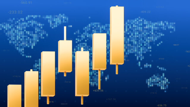 Golden candlestick bar chart on world map background, gold trading investment strategy, bullrish commodities market price trend graph, uptrend financial economic growth trade profit 3d rendering