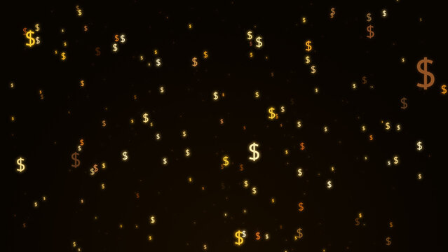 Golden dollar sign floating on a black background, business finance earnings and gold money trading profit, exchange rates currency investment market symbol particle illustration