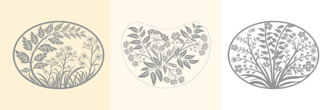 Grey floral coin designs on white background