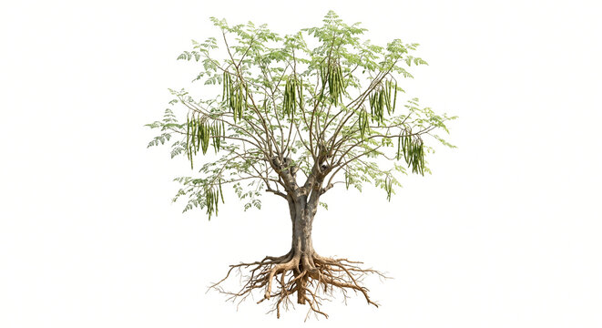 Mature moringa tree with thin branches and pod clusters, full root base, isolated on white background 