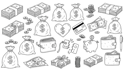 Fototapeta premium Hand Drawn Money And Finance Set With Wallets Credit Cards And Piggy Banks