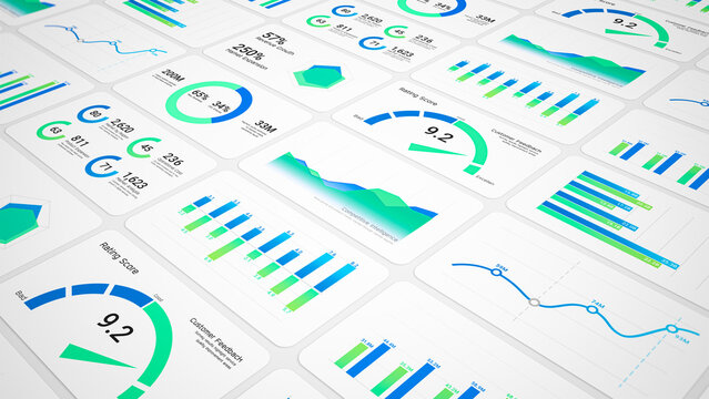 Business intelligence and financial performance analysis report on white background, infographic bar chart investment data analytic graph dashboard, enterprise market statistics trend illustration