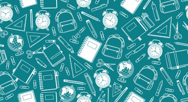 School supplies seamless pattern with notebooks backpacks alarm clocks globes and stationary icons hand drawn for educational background back to school theme.