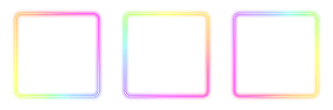 Abstract gradient neon square frame isolated on transparent, vibrant rainbow color LED sign for design, multicolored laser light spectrum set, empty futuristic glowing line collection illustration