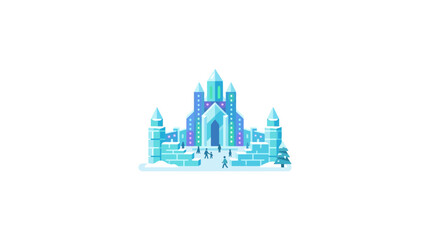 Winter Ice Castle Fantasy Building with Snow and People