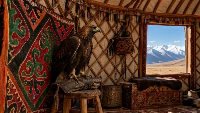 yurt. Colorful felt shyrdak rug on yurt lattice, golden eagle on glove, Central Asian nomadic concept. event programs, museum guides, designed for cultural heritage projects and event programs.
