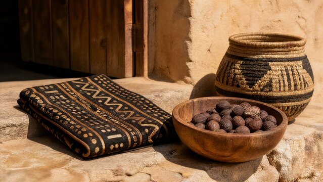 shea. Mud cloth fabric with shea nuts and woven basket, West African craft and natural decor. event programs, museum guides, designed for cultural heritage projects and event programs.