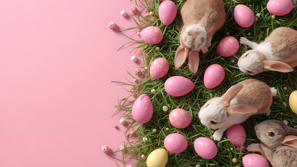 Obraz premium Easter Bunnies and Pink Eggs on Grass with Pink Background