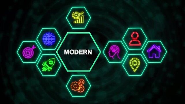 Modern Technology Network Concept with Neon Hexagon Icons, Digital Business Interface Background.4k video