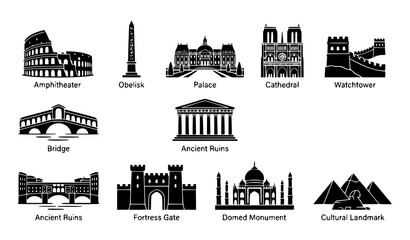 Ancient World Architecture Silhouette Icon Pack with Historic Buildings and Global Travel Symbols Vector Illustration © MdSakib