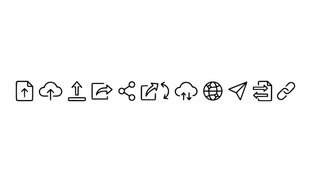 Minimal share upload icon collection with data transfer cloud connectivity and outgoing arrow outline vector set
