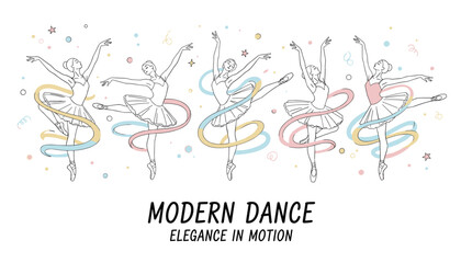 Obraz premium Group of graceful ballerinas performs modern dance moves surrounded by colorful swirling ribbons illustrating elegance in motion.