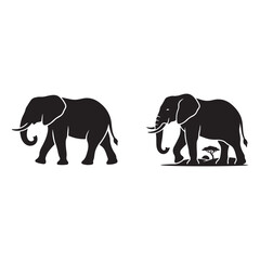 Fototapeta premium Black silhouette of elephant and elephant with tree wildlife icons