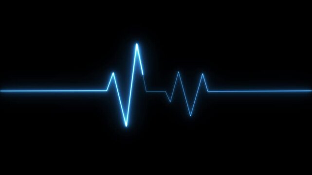 ECG heartbeat line glowing on a deep black background, with sharp pulse peaks and smooth flat segments, symbolizing heart activity, life monitoring, and medical diagnostics in a futuristic digital.