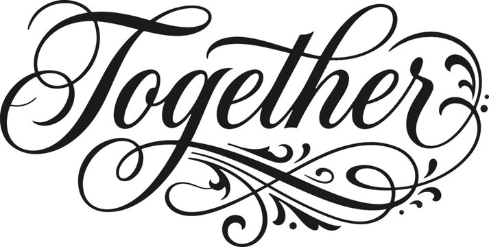 Elegant calligraphy 'together' flourished script with simple typography for wedding decor