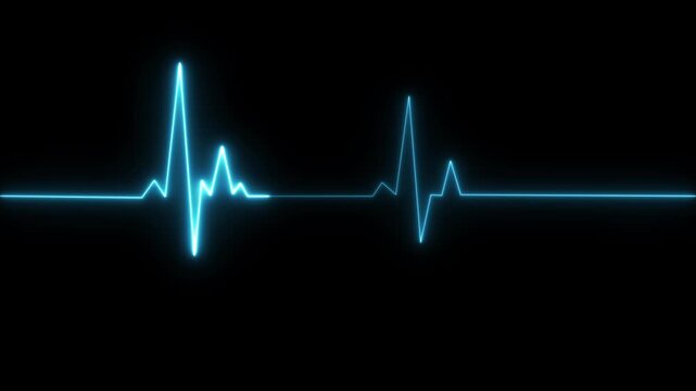 ECG heartbeat line glowing on a deep black background, with sharp pulse peaks and smooth flat segments, symbolizing heart activity, life monitoring, and medical diagnostics in a futuristic digital.