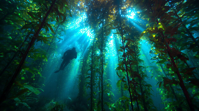Underwater view of a scuba diver swimming through a sunlit cultivated kelp forest with golden light rays filtering down through clear blue water