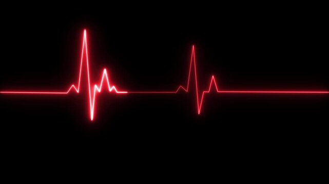 ECG heartbeat line glowing on a deep black background, with sharp pulse peaks and smooth flat segments, symbolizing heart activity, life monitoring, and medical diagnostics in a futuristic digital.