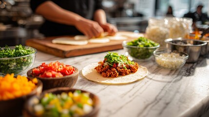 Obraz premium A bright kitchen countertop scene with tacos being assembled, with ingredients placed casually on a marble surface under natural daylight
