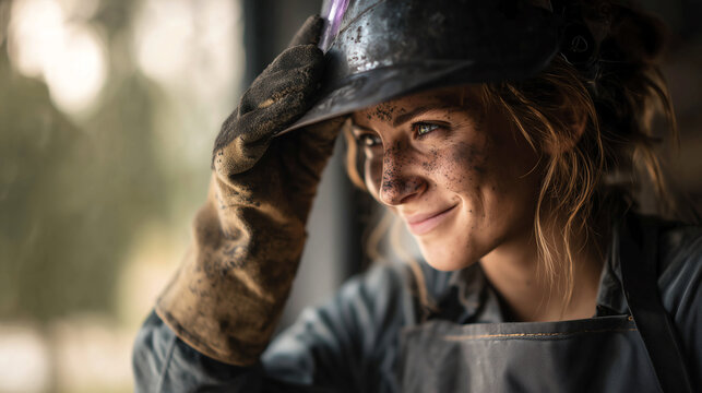 Portrait of a smiling female welding apprentice with a soot smudged cheek raising her visor and looking toward the window light in a workshop