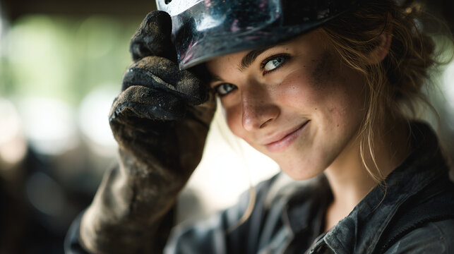 Confident young female welding apprentice lifts her grimy visor and smiles warmly at the camera inside a softly lit fabrication workshop