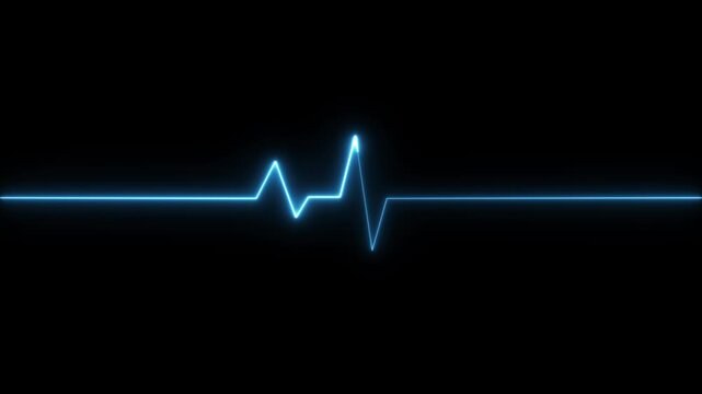 ECG heartbeat line glowing on a deep black background, with sharp pulse peaks and smooth flat segments, symbolizing heart activity, life monitoring, and medical diagnostics in a futuristic digital.