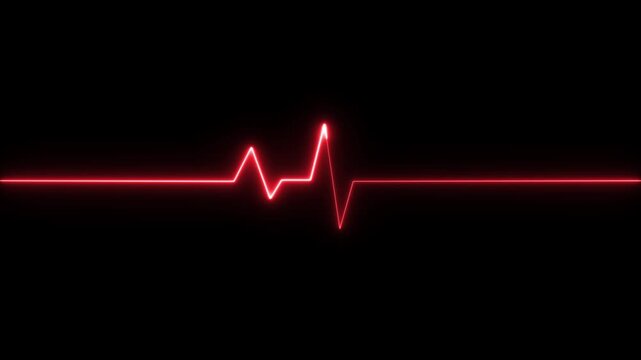 ECG heartbeat line glowing on a deep black background, with sharp pulse peaks and smooth flat segments, symbolizing heart activity, life monitoring, and medical diagnostics in a futuristic digital.
