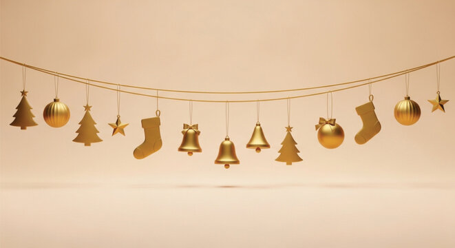 Golden Christmas ornaments and decorations hang on a string isolated on a soft peach background, festive holiday season.