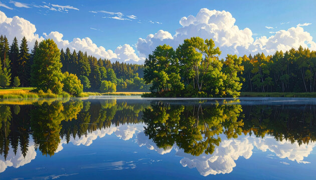 Danau yang tenang memantulkan pepohonan dan langit berawan