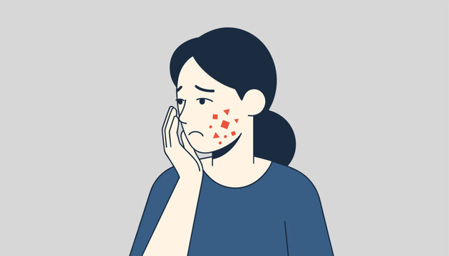 Young woman looks sadly at her reflection while touching skin blemishes and acne on her cheek representing skin care concerns.