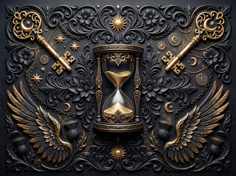Ornate hourglass with golden keys, wings, and celestial motifs sand timer