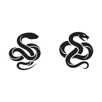 Two black snake silhouettes with curved bodies and sharp heads  isolated on white background