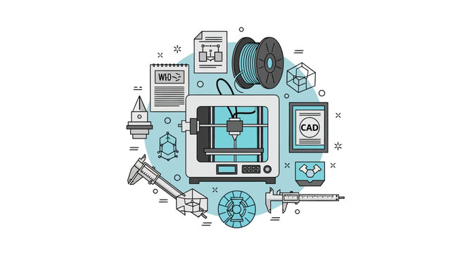 3D Printing Concept Illustration with Printer, Filament, Calipers and CAD Design Icons for Industrial Prototyping and Additive Manufacturing