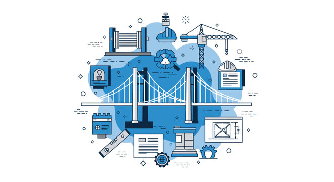 Modern Civil Engineering and Infrastructure Construction Concept Vector Illustration with Suspension Bridge, Crane, Blueprint, and Industrial Tools