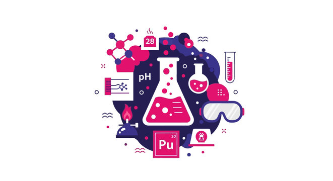 Chemistry and Science Laboratory Research Vector Illustration, Flat Design Lab Equipment Concept with Beakers, Flasks, and Molecules