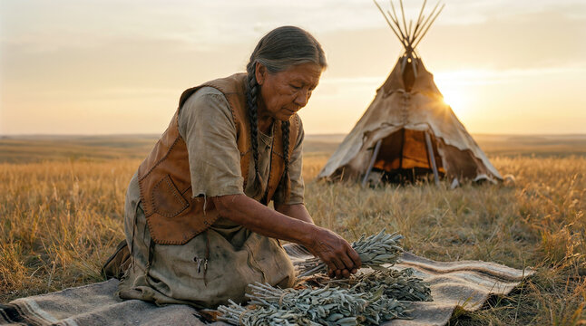 An elderly indigenous woman kneeling in a vast prairie, carefully sorting dried sage bundles in front of a traditional tipi during a serene golden hour sunset in the American wilderness.