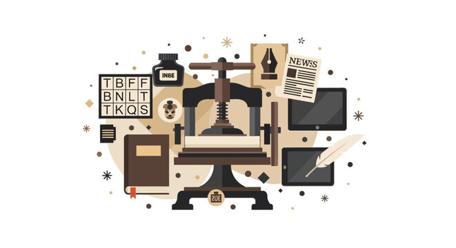 Evolution of Printing and Publishing Concept Illustration Featuring Vintage Gutenberg Press, Modern Digital Tablets, and Classic Typography Elements