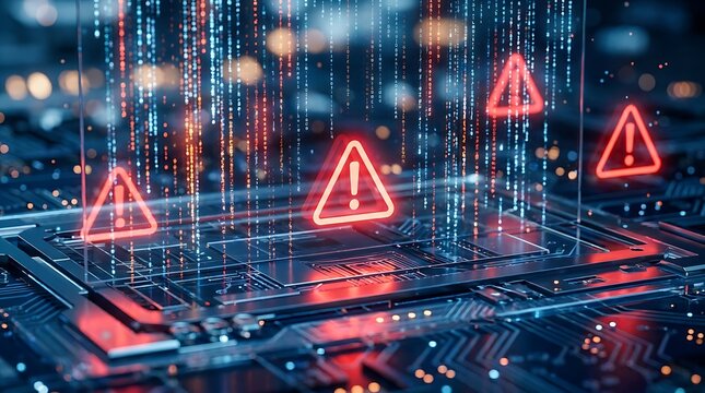 Cyber security concept showing glowing red warning alert triangles and falling digital code on a futuristic computer circuit board