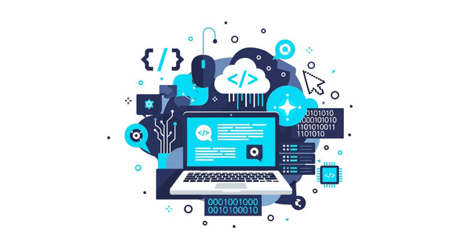 Software Development and Web Programming Illustration - Laptop with Coding Symbols, Cloud Computing, Binary Data, and Technology Icons on White Background