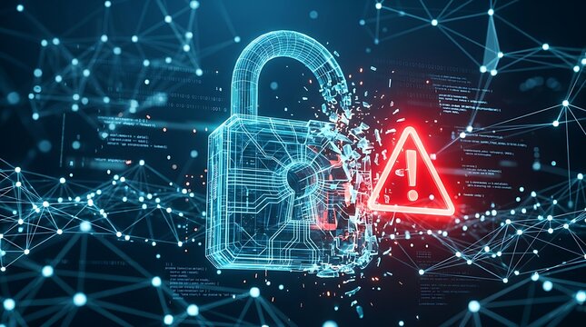 Shattering glowing blue digital padlock next to a red warning triangle representing data breach and compromised network security
