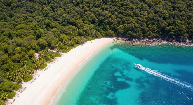 Aerial view of a tropical beach with turquoise water and a boat leaving a wake near a lush green forest