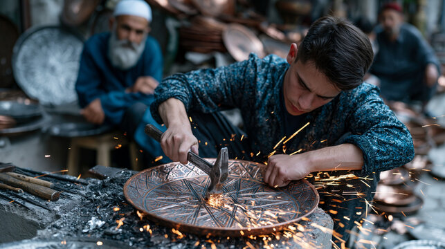 Apprentice silversmith in a crowded bazaar workshop hammers repeated geometric patterns into a copper tray, master craftsman watching from a wooden stool, sparks scattering across the stone floor, f