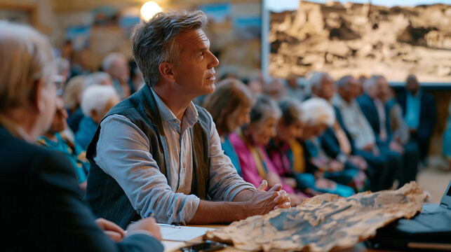 Archivist projects a faded sepia photograph of a demolished village onto a screen in a packed community hall, elders in the front row leaning forward to identify faces, a moderator taking notes, cul