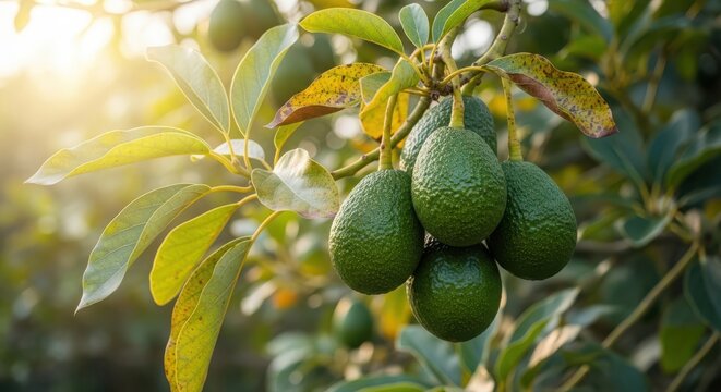 Fresh green avocados hanging on a tree branch in a sunny orchard