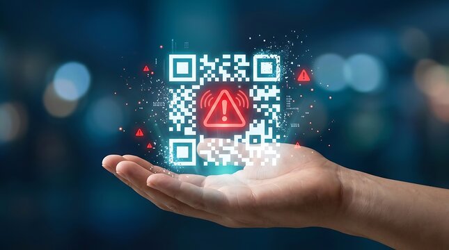 Glowing holographic QR code hovering over hand with red warning alert indicating malicious link or cybersecurity threat