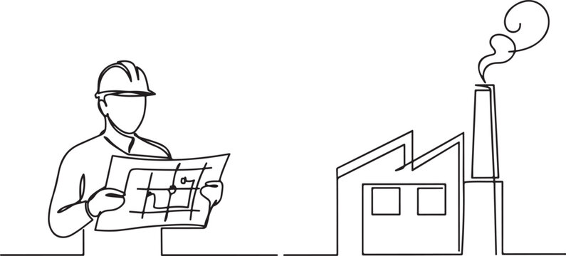 Continuous one line drawing of engineer holding blueprint paper and industrial plant with chimney. Factory architecture concept. one line Icon drawing. Editable stroke