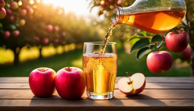 high definition photo captures vibrant garden scene fresh apple juice pours elegantly