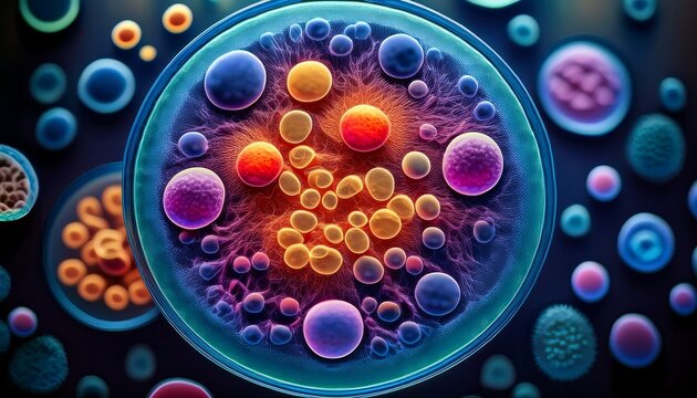 a close up view of animal cells under a microscope showing round cell membranes nuclei and cytoplasm for educational purposes