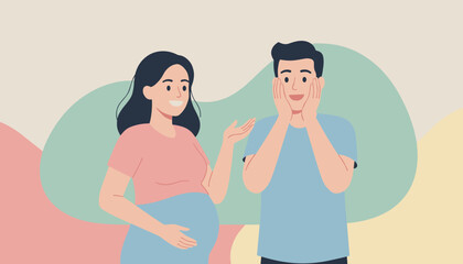 Fototapeta premium Happy pregnant woman sharing good news with surprised partner who holds his face in shock against colorful abstract background.